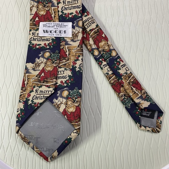 Robert Talbott Santa Merry Christmas Tie Hand Sewn Navy/red/beige 100% Silk - Picture 1 of 6